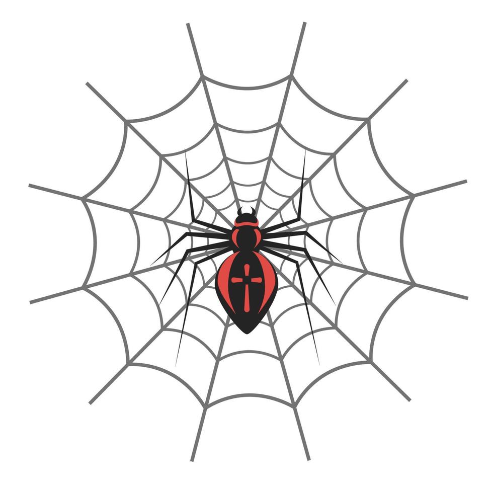 A black spider in the center of the web with a red cross vector