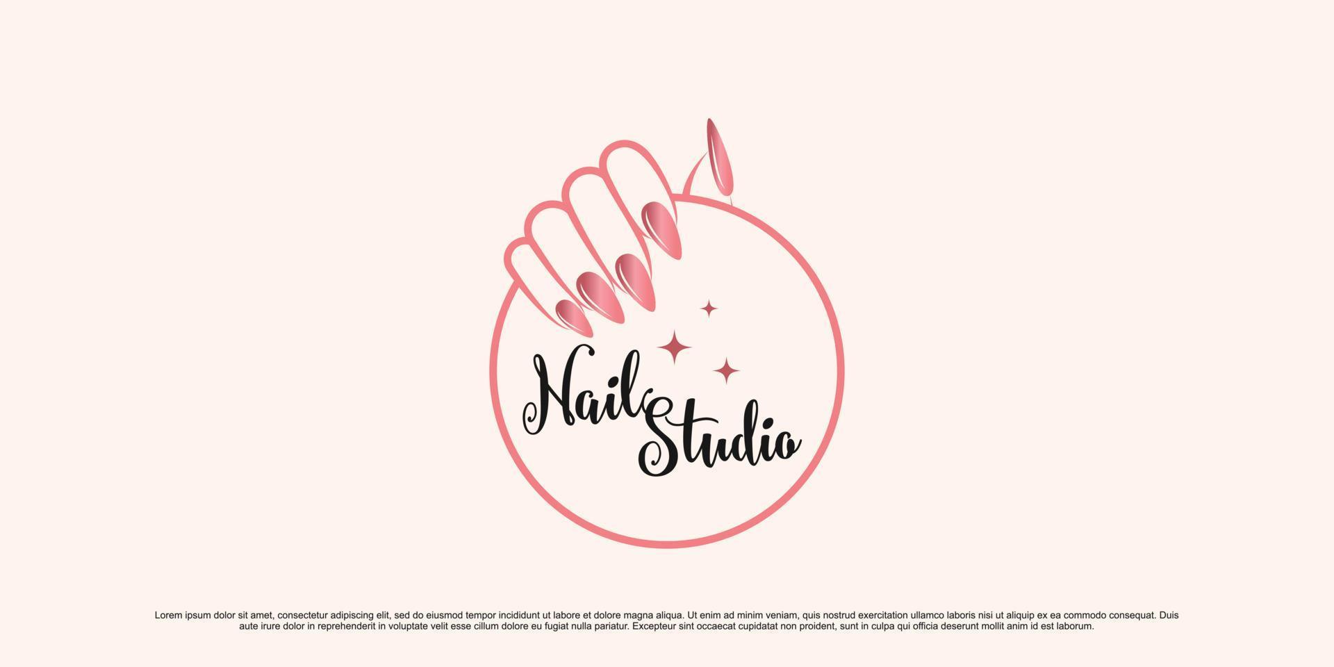 Nail and manicure logo design for nail salon with emblem style and creative element Premium Vector