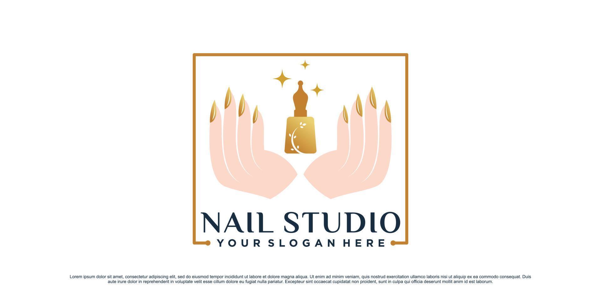 Nail polish logo design for nail art studio with woman hand and square concept Premium Vector