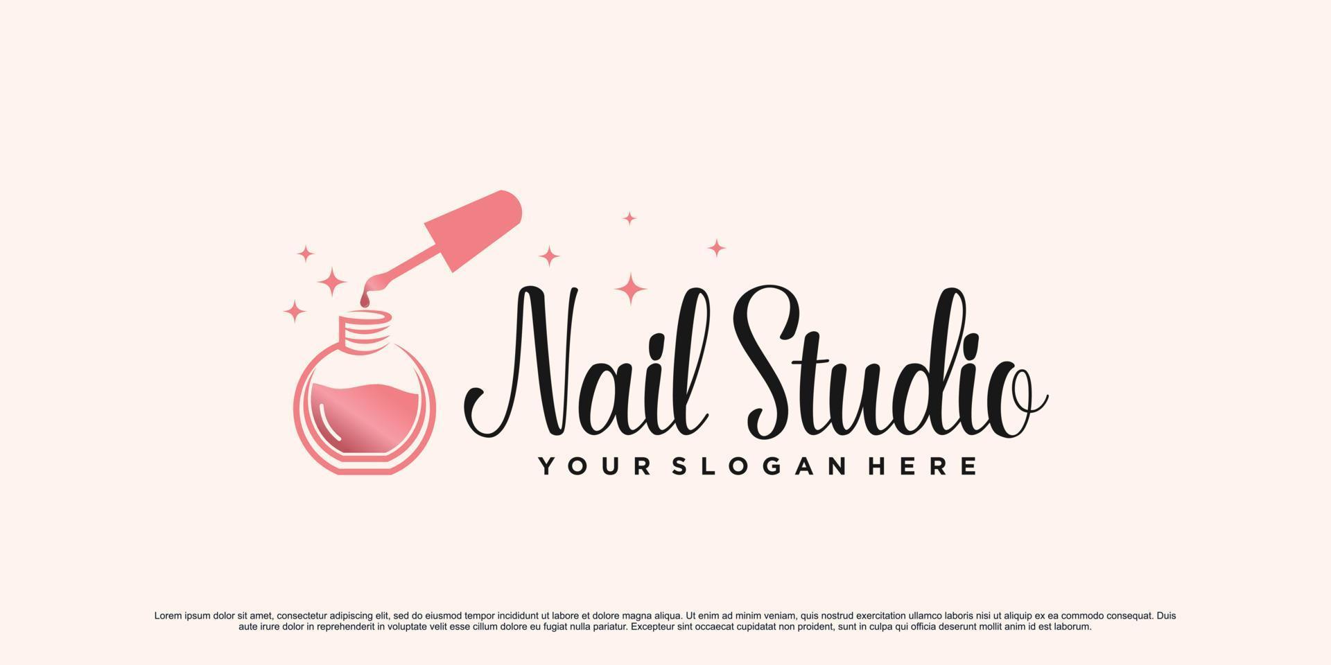 diseño de logotipo de nail art studio para manicura con icono de botella y vector premium de concepto creativo