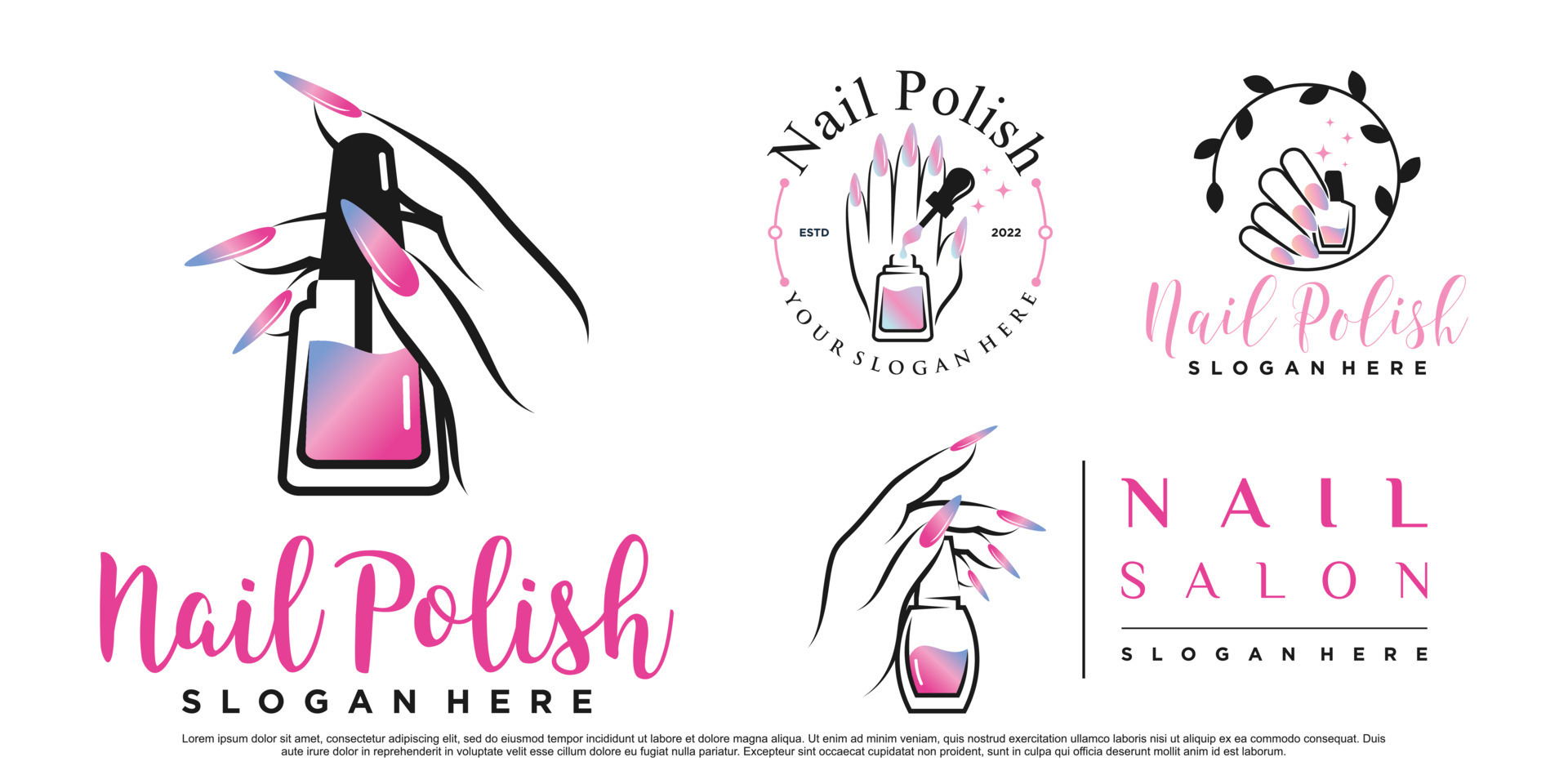 Set of nail polish or nail studio logo design for manicure salon with