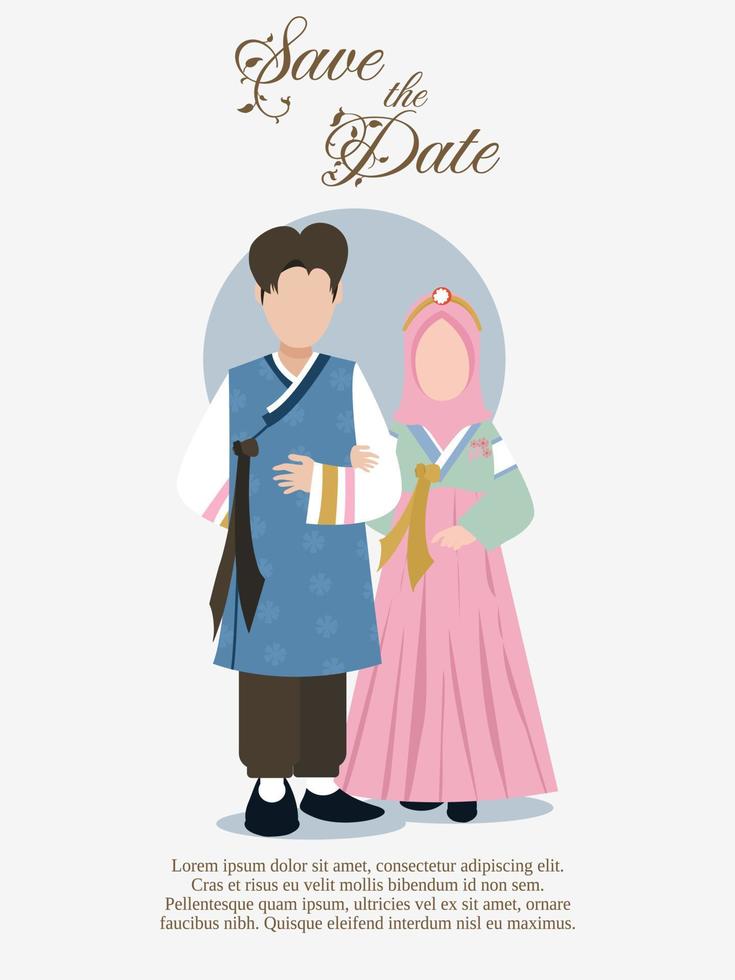 bride wearing hanbok with islamic moslem style suitable for wedding invitation card vector