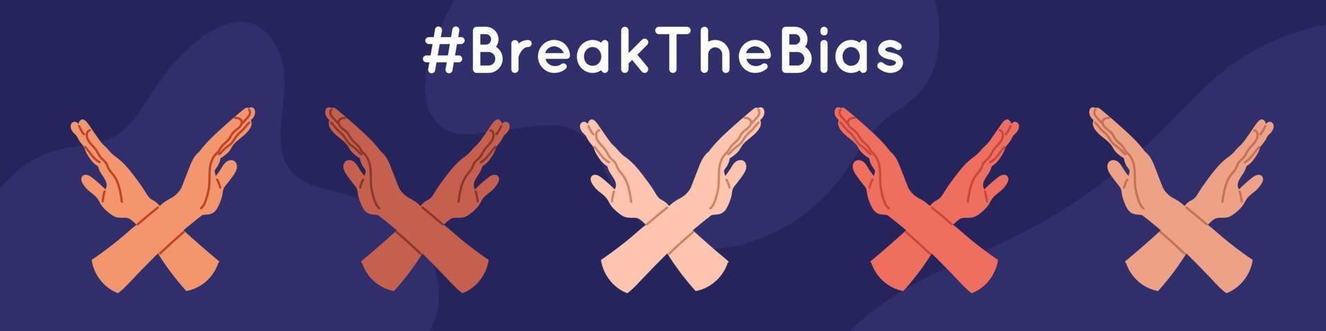 Break the bias banner. Crossed arms to support gender equality. International women's day concept poster. Flat vector illustration isolated on white background