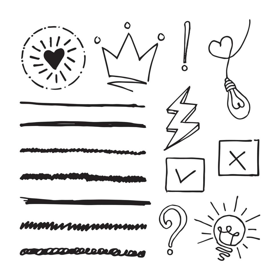 Doodle element vector set, for concept design. Underline, checkmark, lamp, idea, question mark, crown, lightning and love.