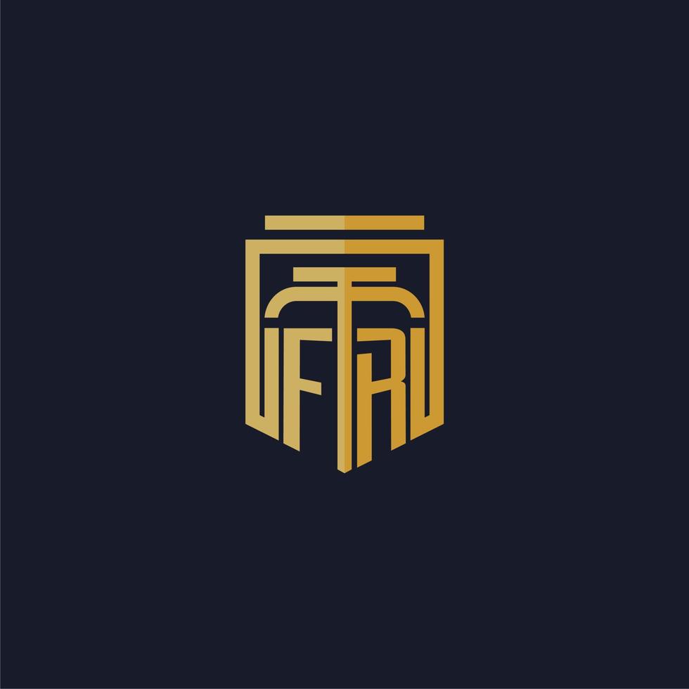 logotipo de monograma inicial de fr elegante con diseño de estilo de escudo para mural de juegos de bufete de abogados vector