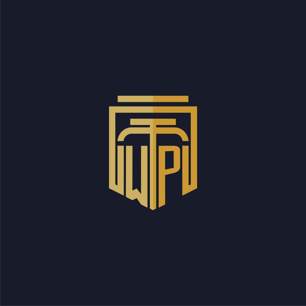 logotipo de monograma inicial de wp elegante con diseño de estilo de escudo para mural de juegos de bufete de abogados vector