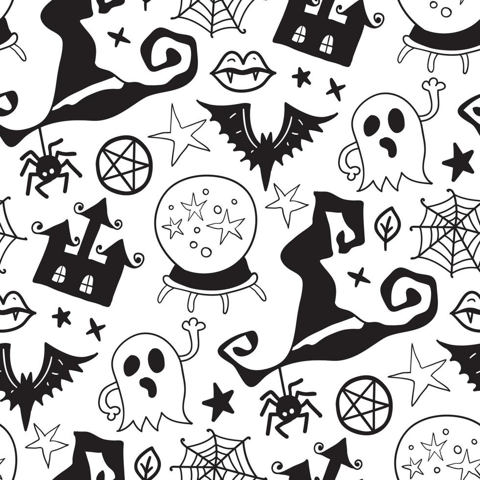 Monochrome seamless pattern of horror Halloween hand drawn doodle elements. vector