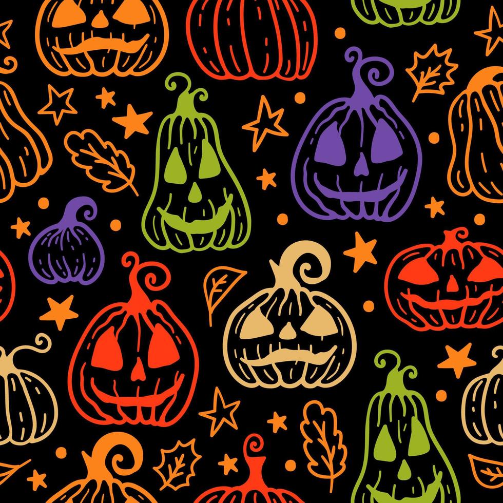 patrón transparente multicolor brillante de calabaza de halloween de dibujos animados en negro vector