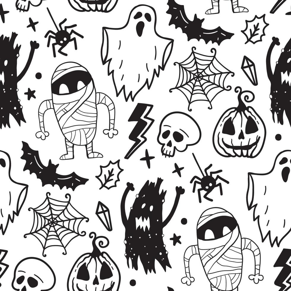 Monochrome seamless pattern of horror Halloween hand drawn doodle elements. vector