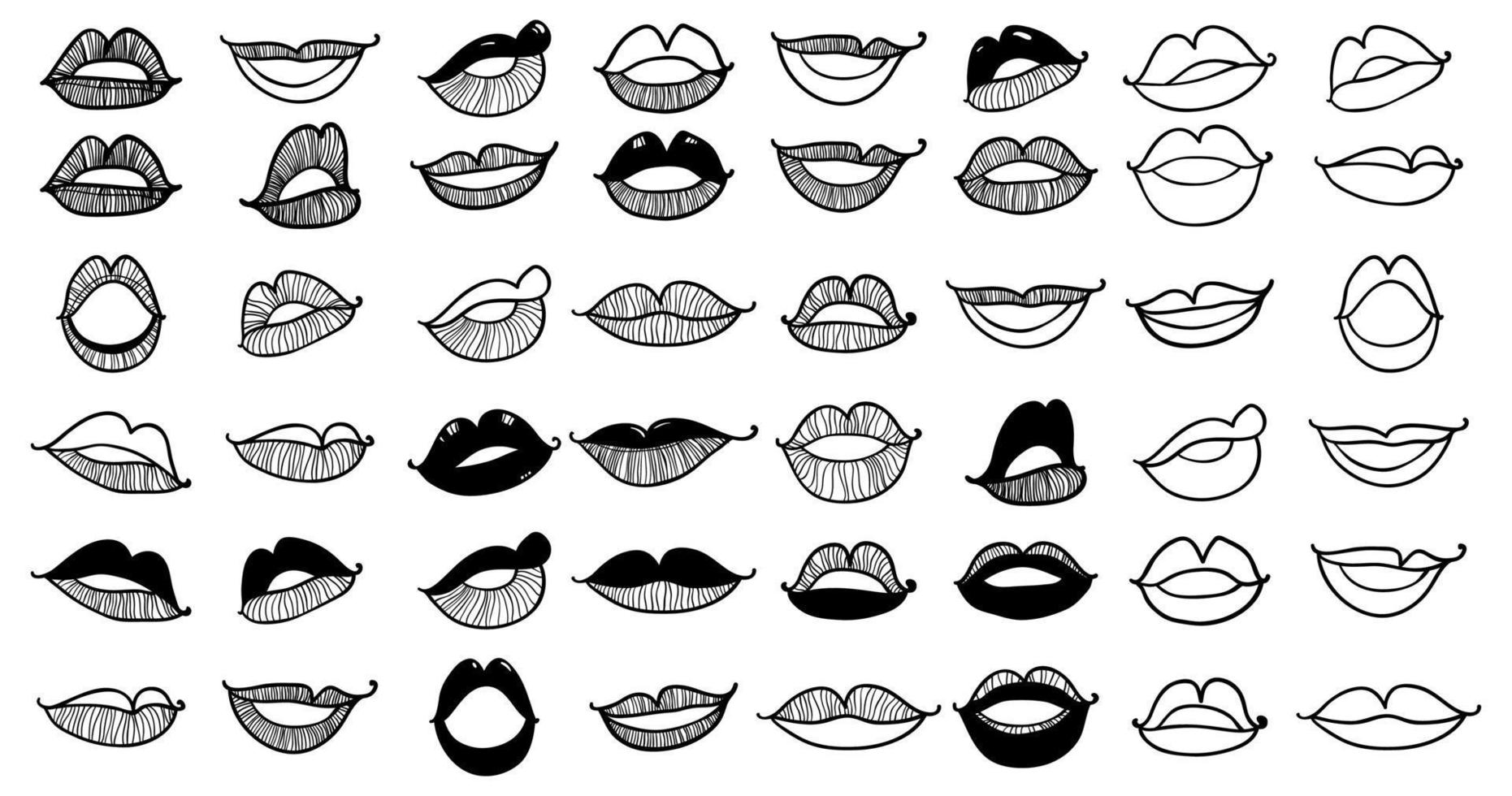 labios de mujer en diferentes variaciones aislados en blanco. boceto de cómics. vector