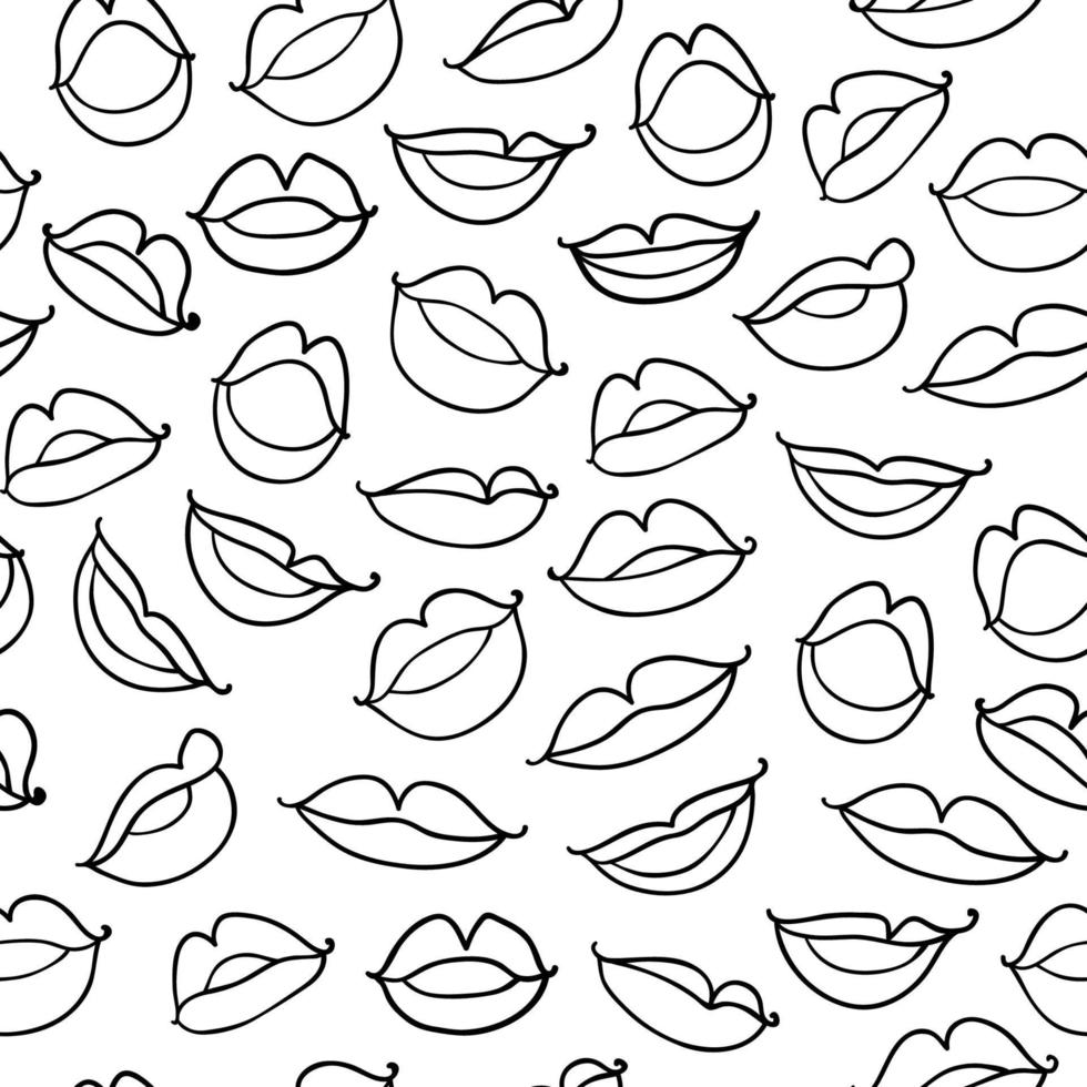 Vector Monochrome seamless pattern with contour sketch lips on white background.