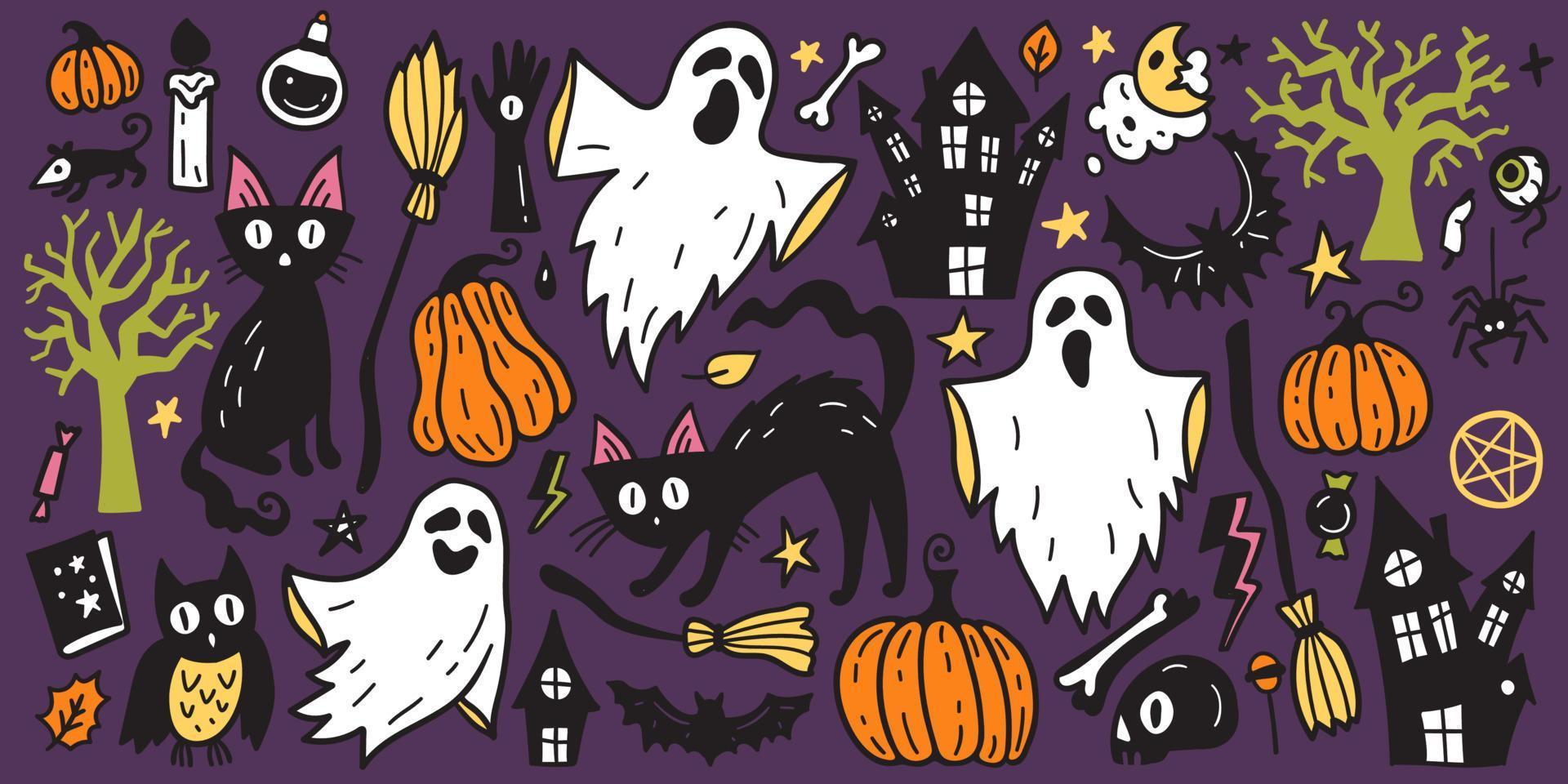Bright collection of Halloween sticker sketch set. Big set of hand drawn doodle. vector