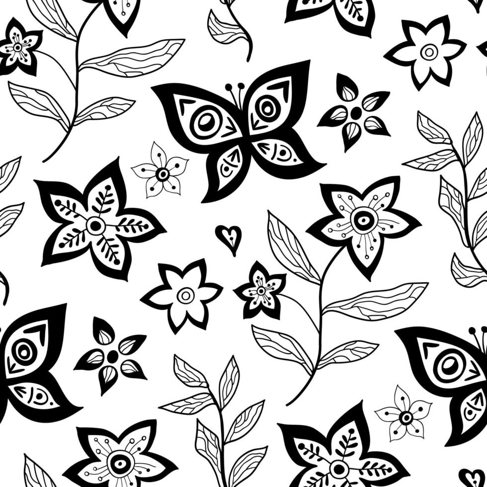 Seamless floral pattern with outline flowers and leaves background. Abstract vector