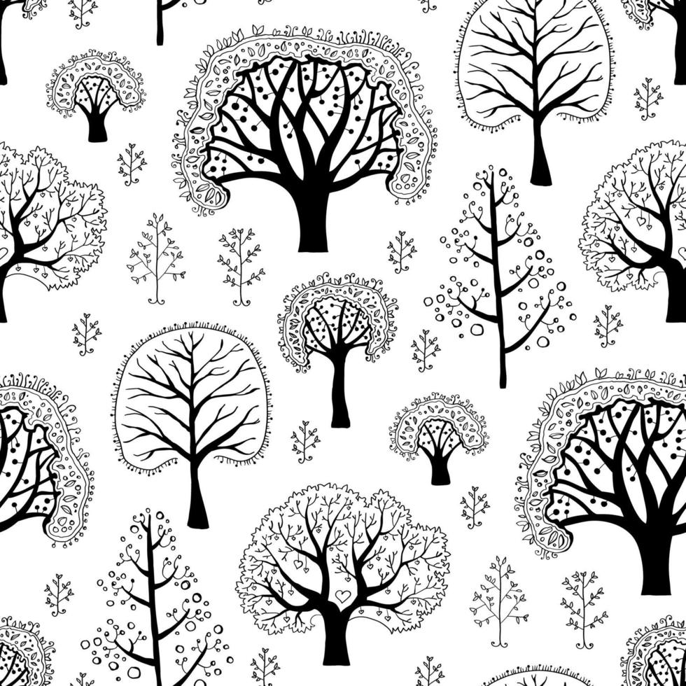 Forest sketch hand drawn pattern. Doodle seamless pattern with creative trees. vector