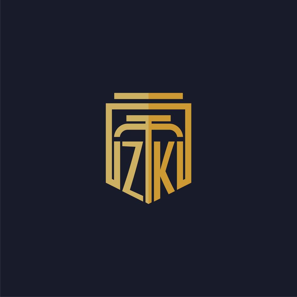 logotipo de monograma inicial de zk elegante con diseño de estilo de escudo para mural de juegos de bufete de abogados vector