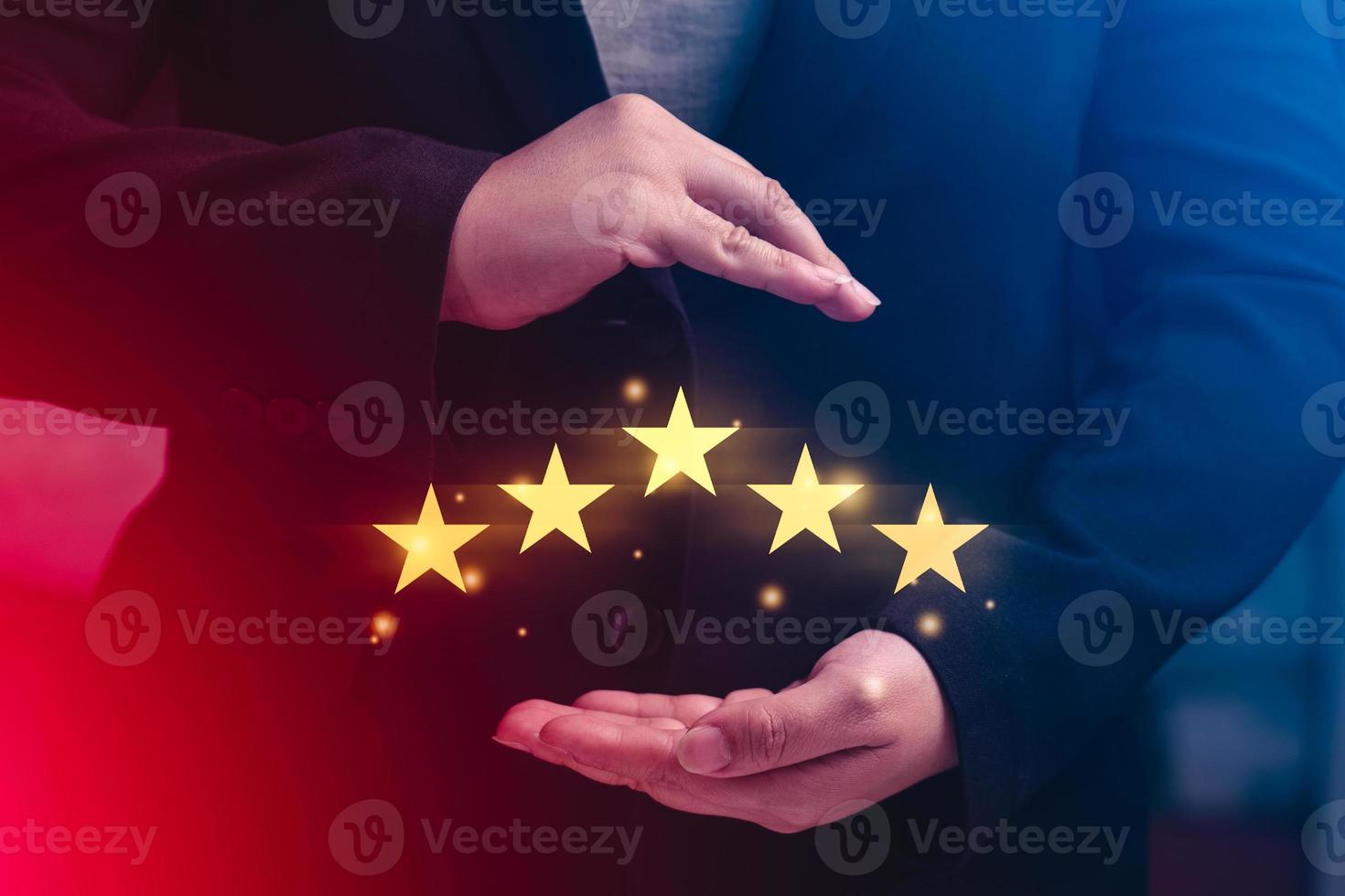 businesswoman gave a 5 star rating. Rating increase concept, Customers rate service, sales principles and sales follow-up. good business network score. evaluation photo