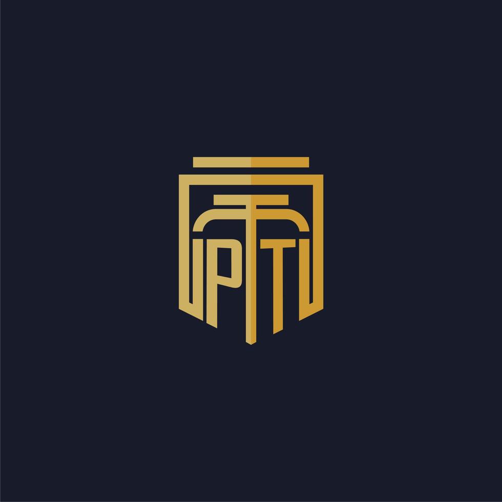 logotipo de monograma inicial pt elegante con diseño de estilo de escudo para mural de juegos de bufete de abogados vector