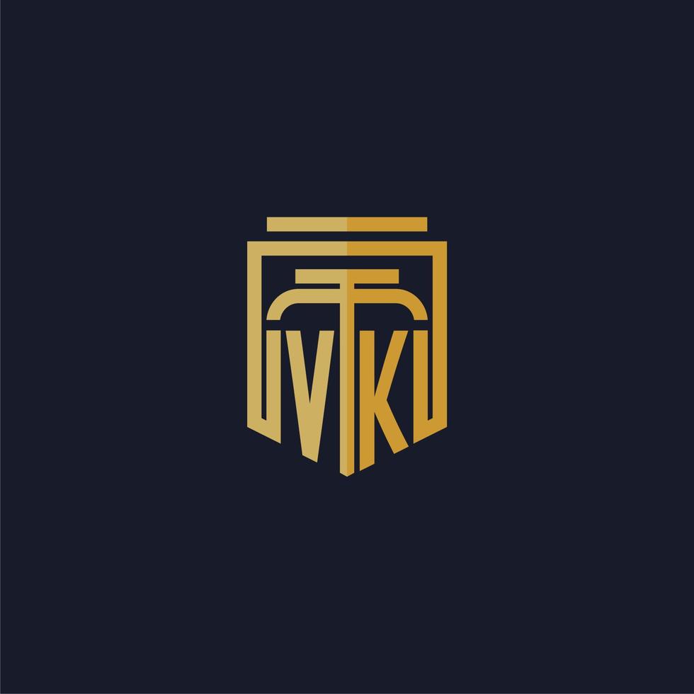 logotipo de monograma inicial vk elegante con diseño de estilo de escudo para mural de juegos de bufete de abogados vector