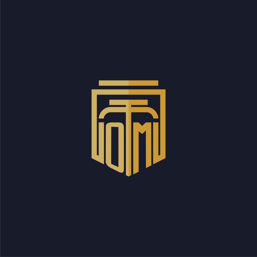 logotipo de monograma inicial de om elegante con diseño de estilo de escudo para mural de juegos de bufete de abogados vector