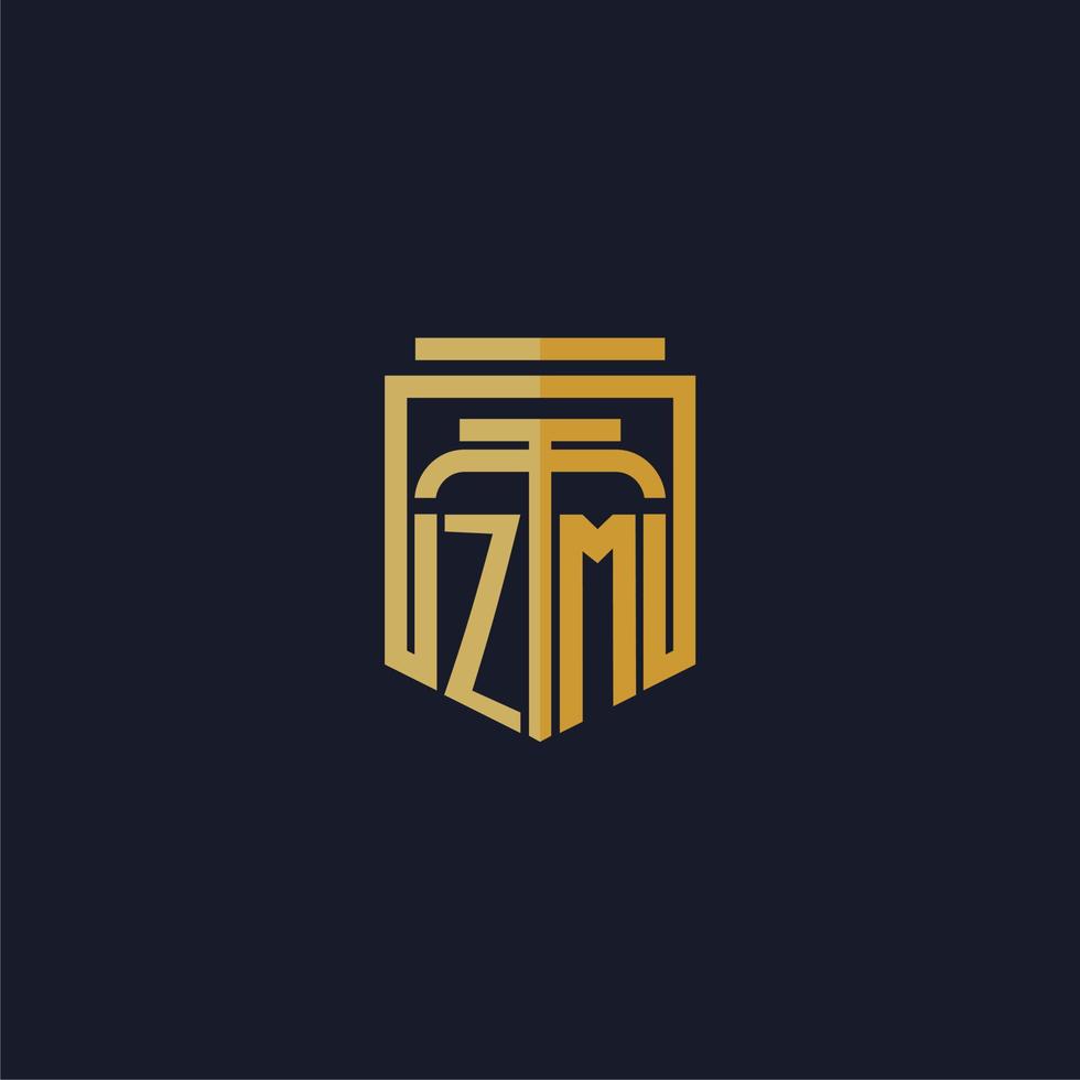 logotipo de monograma inicial de zm elegante con diseño de estilo de escudo para mural de juegos de bufete de abogados vector