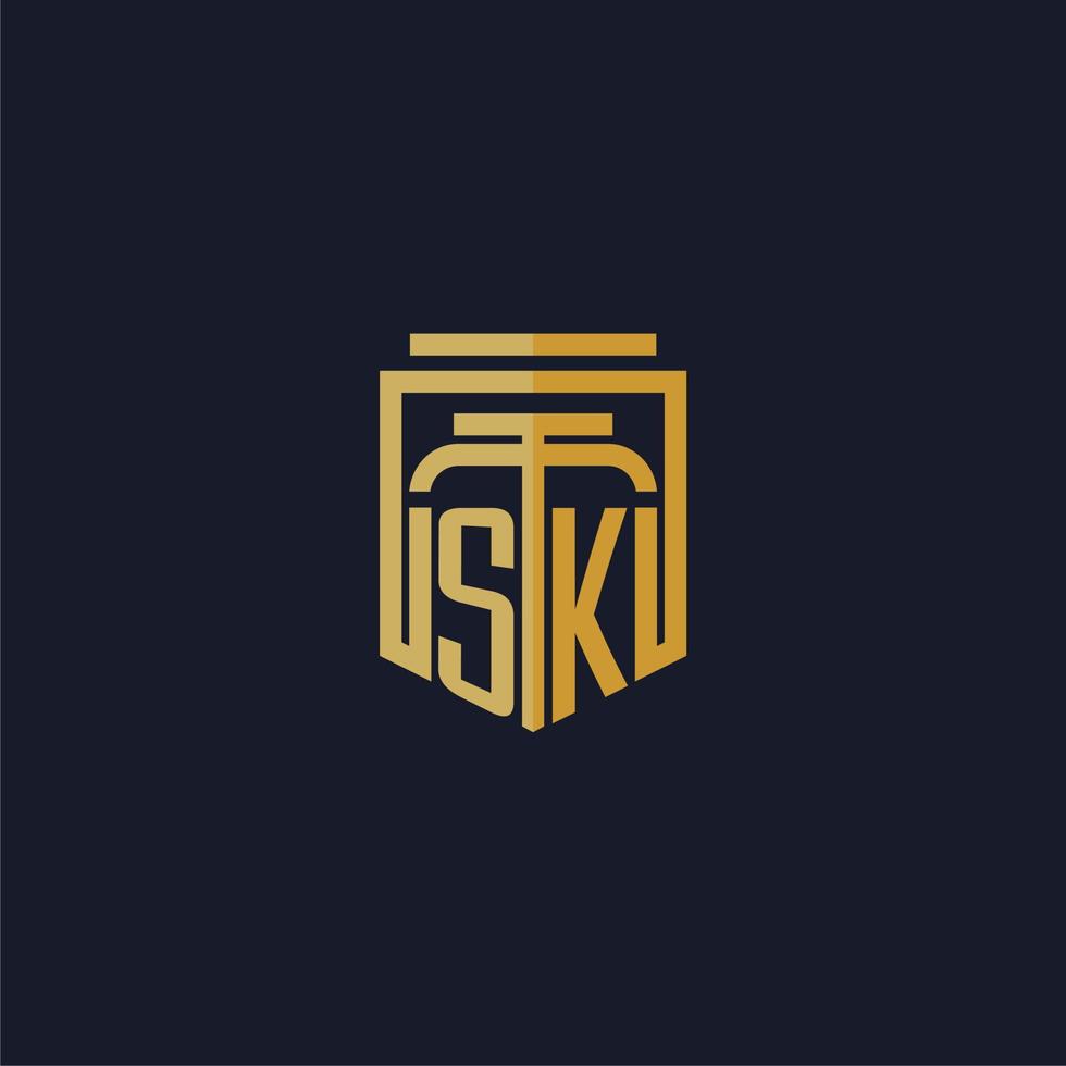 logotipo de monograma inicial de sk elegante con diseño de estilo de escudo para mural de juegos de bufete de abogados vector