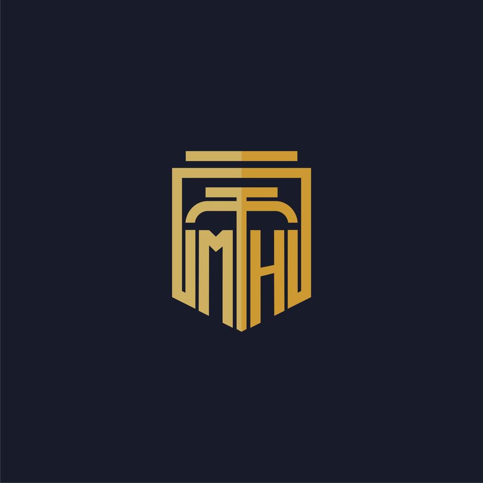 logotipo de monograma inicial de mh elegante con diseño de estilo de escudo para mural de juegos de bufete de abogados vector