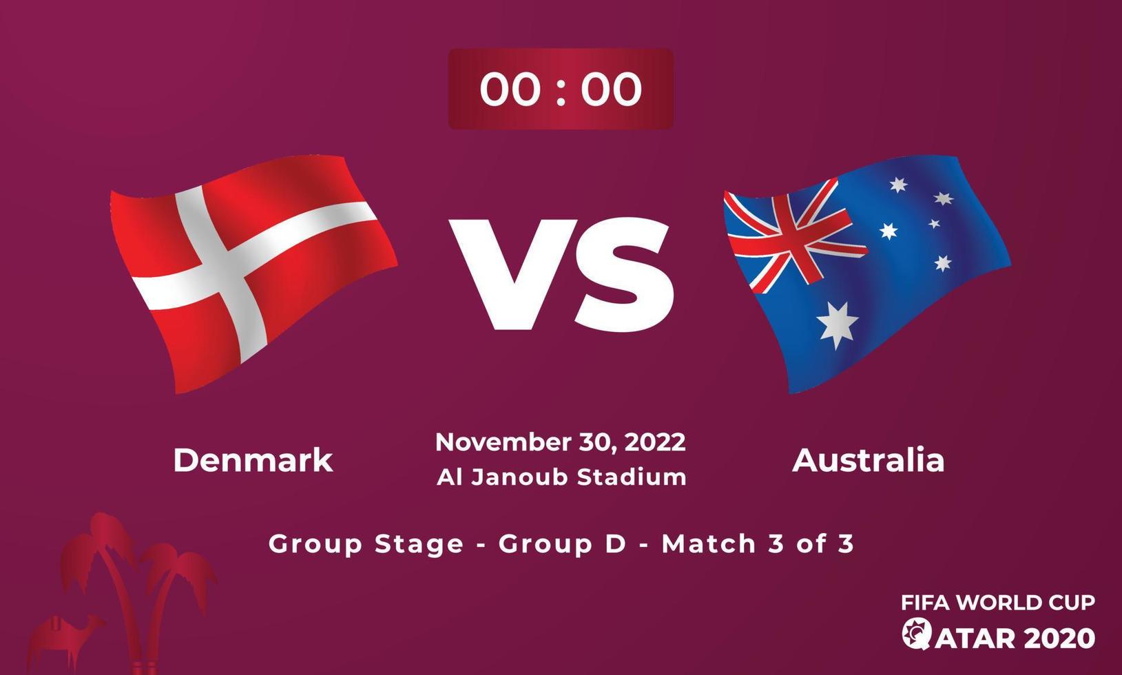 plantilla de partido de fútbol de dinamarca vs australia, copa mundial de la fifa en qatar 2022 vector