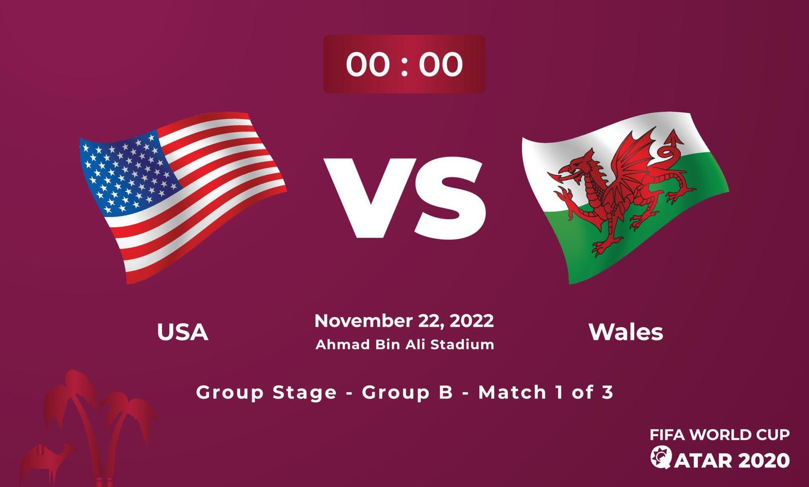 plantilla de partido de fútbol de estados unidos vs gales, copa mundial de la fifa en qatar 2022 vector