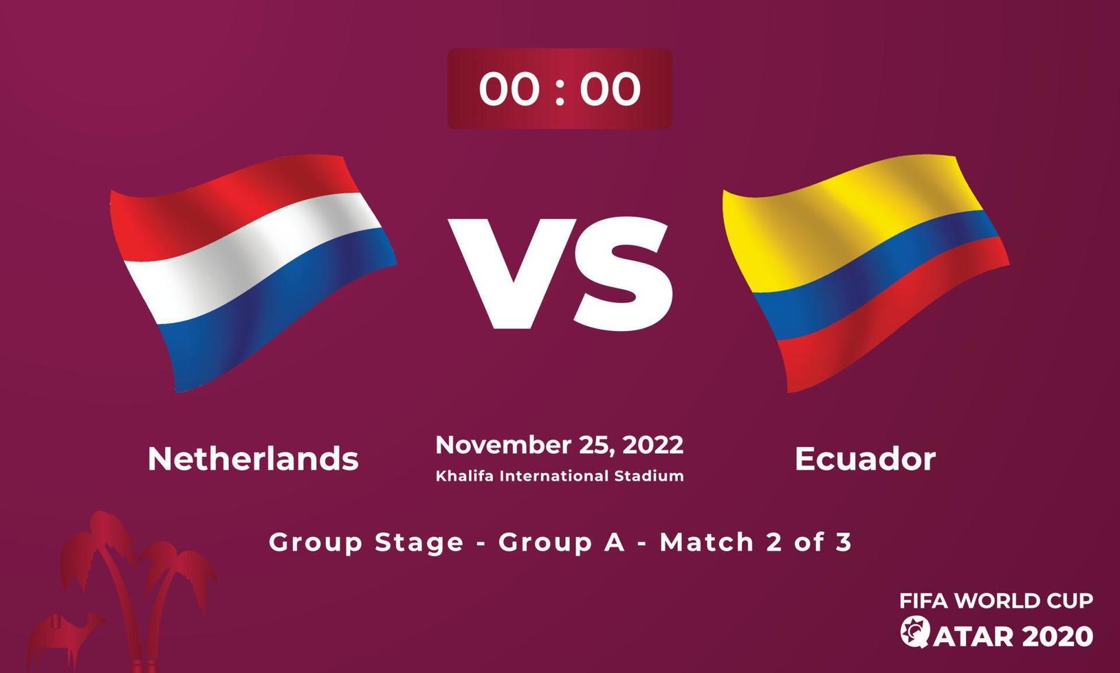 plantilla de partido de fútbol de países bajos vs ecuador, copa mundial de la fifa en qatar 2022 vector