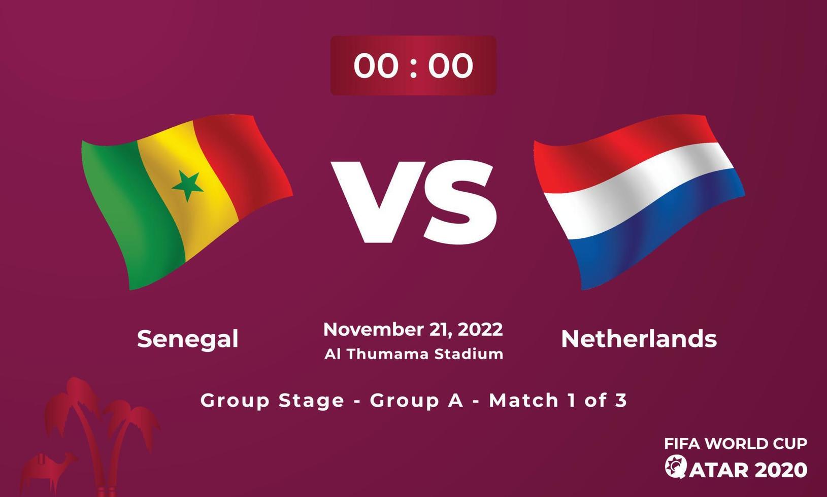 plantilla de partido de fútbol senegal vs holanda, copa mundial de la fifa en qatar 2022 vector