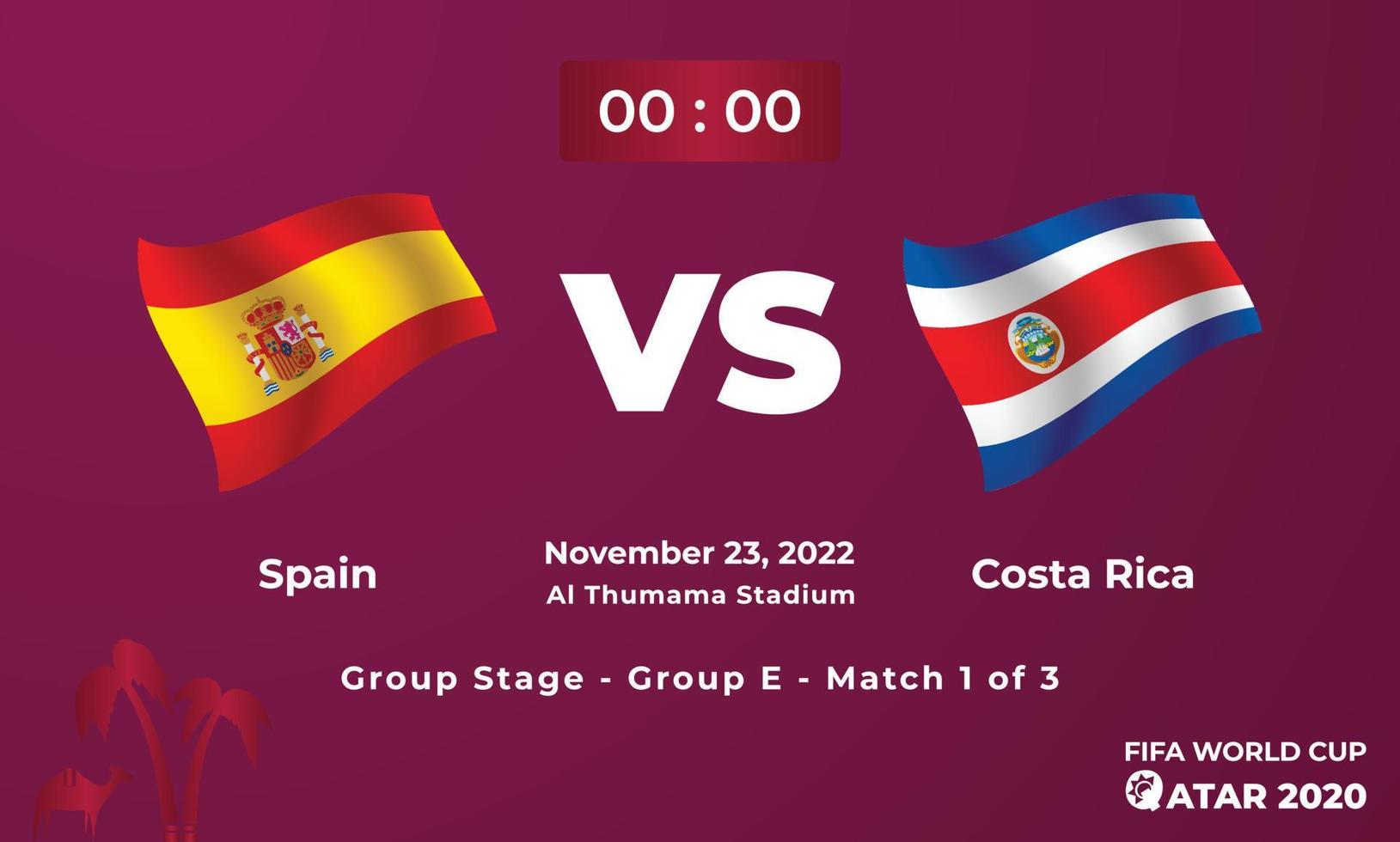 plantilla de partido de fútbol españa vs costa rica, copa mundial de la fifa en qatar 2022 vector