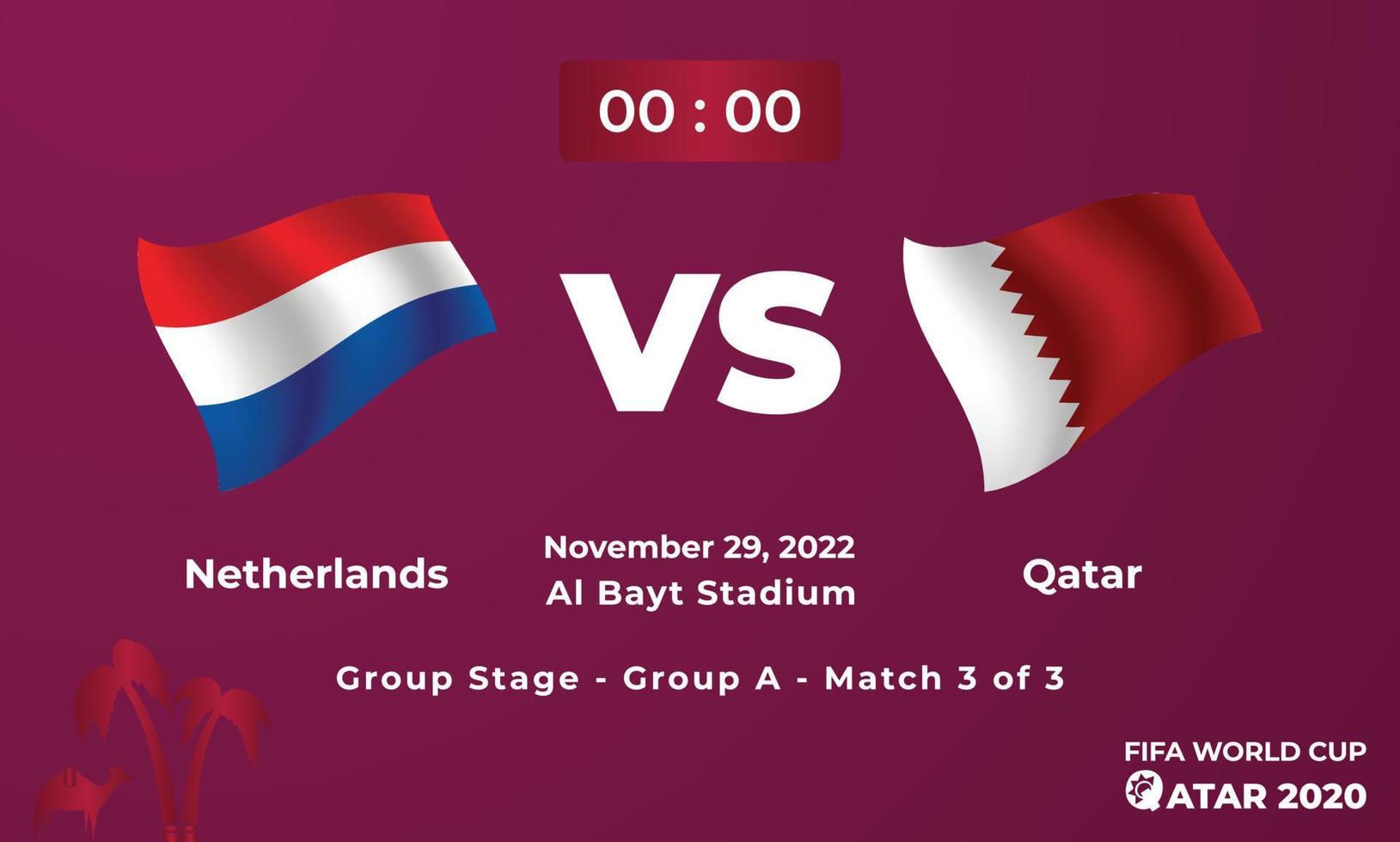 plantilla de partido de fútbol de países bajos vs qatar, copa mundial de la fifa en qatar 2022 vector