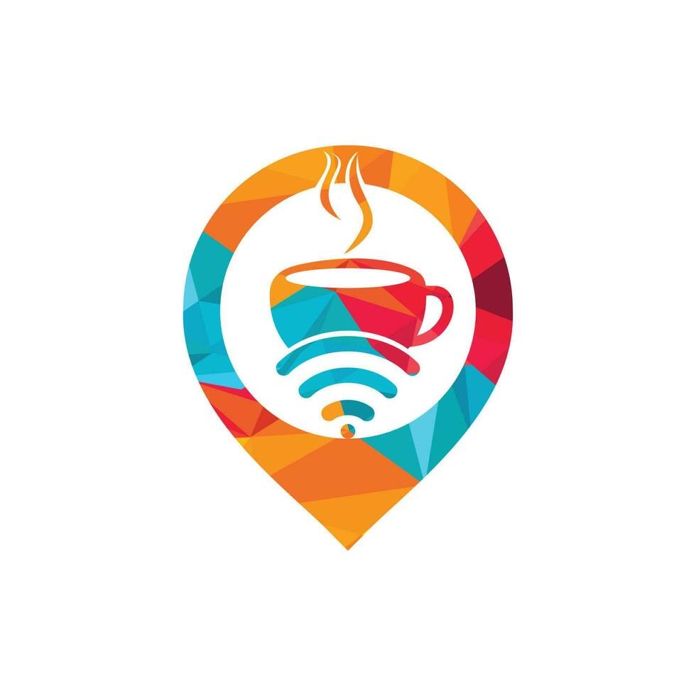 taza de café con wifi y logotipo de icono de vector de puntero pin. plantilla de diseño de logotipo creativo para cafetería o restaurante.