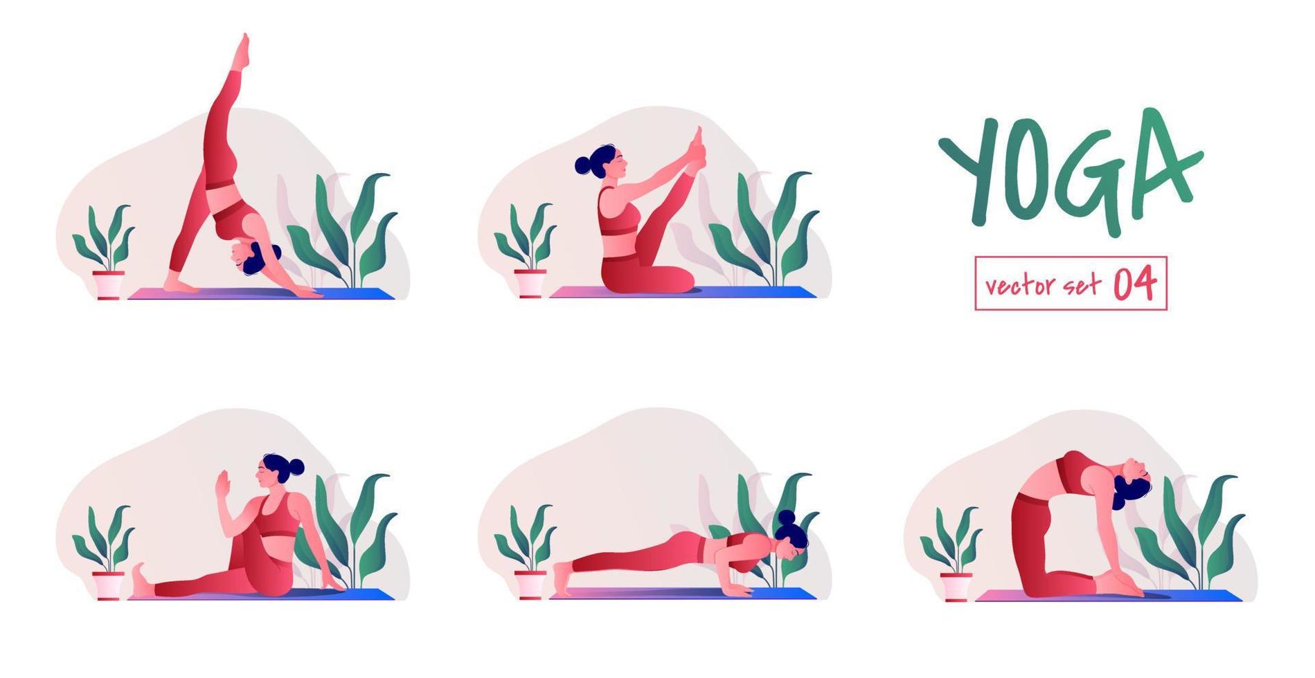 conjunto de ejercicios de yoga. mujer joven practicando posturas de yoga. mujer entrenamiento fitness, aeróbicos y ejercicios. vector