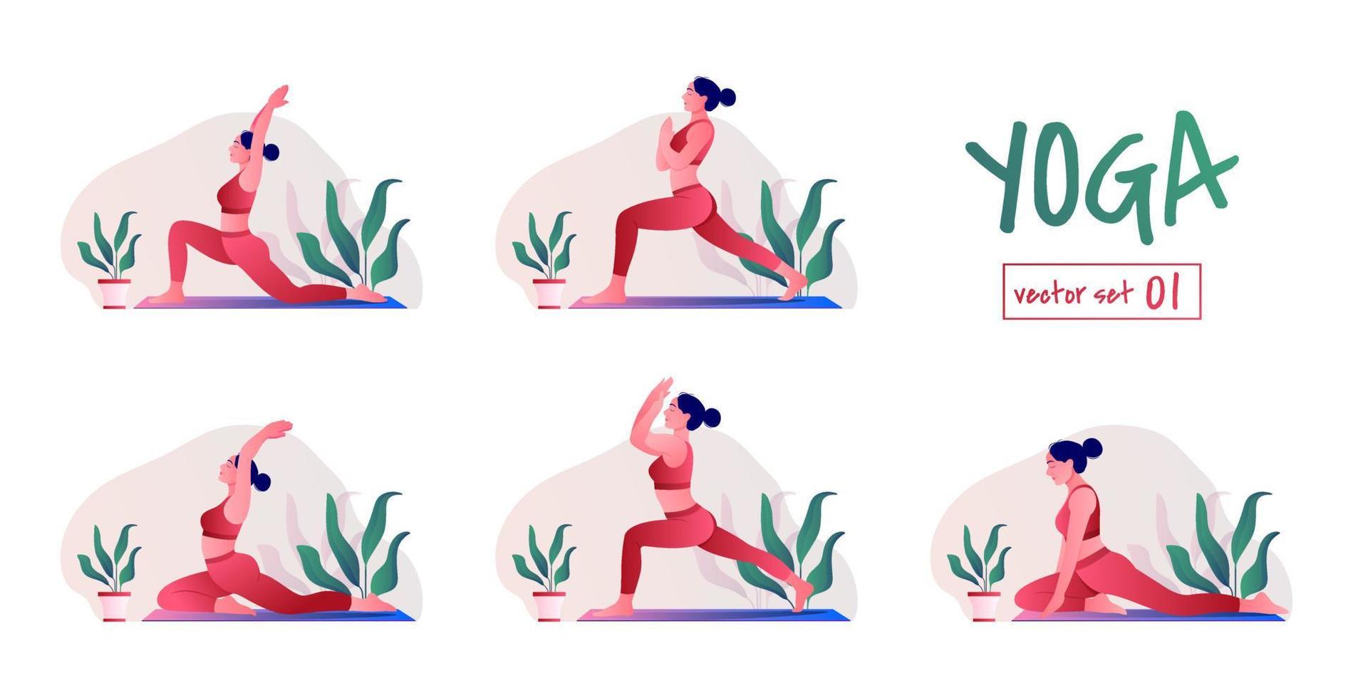 Yoga Workout Set. Young woman practicing Yoga poses. Woman workout fitness, aerobic and exercises. vector