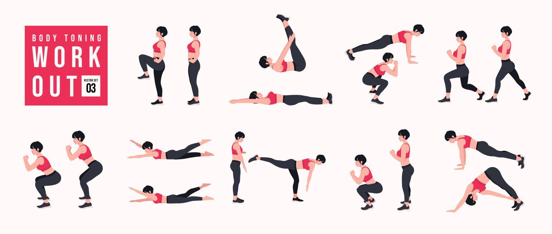 Body Toning Workout Set. Women doing fitness and yoga exercises. Lunges, Pushups, Squats, Dumbbell rows, Burpees, Side planks, Situps, Glute bridge, Leg Raise, Russian Twist, Side Crunch .etc vector