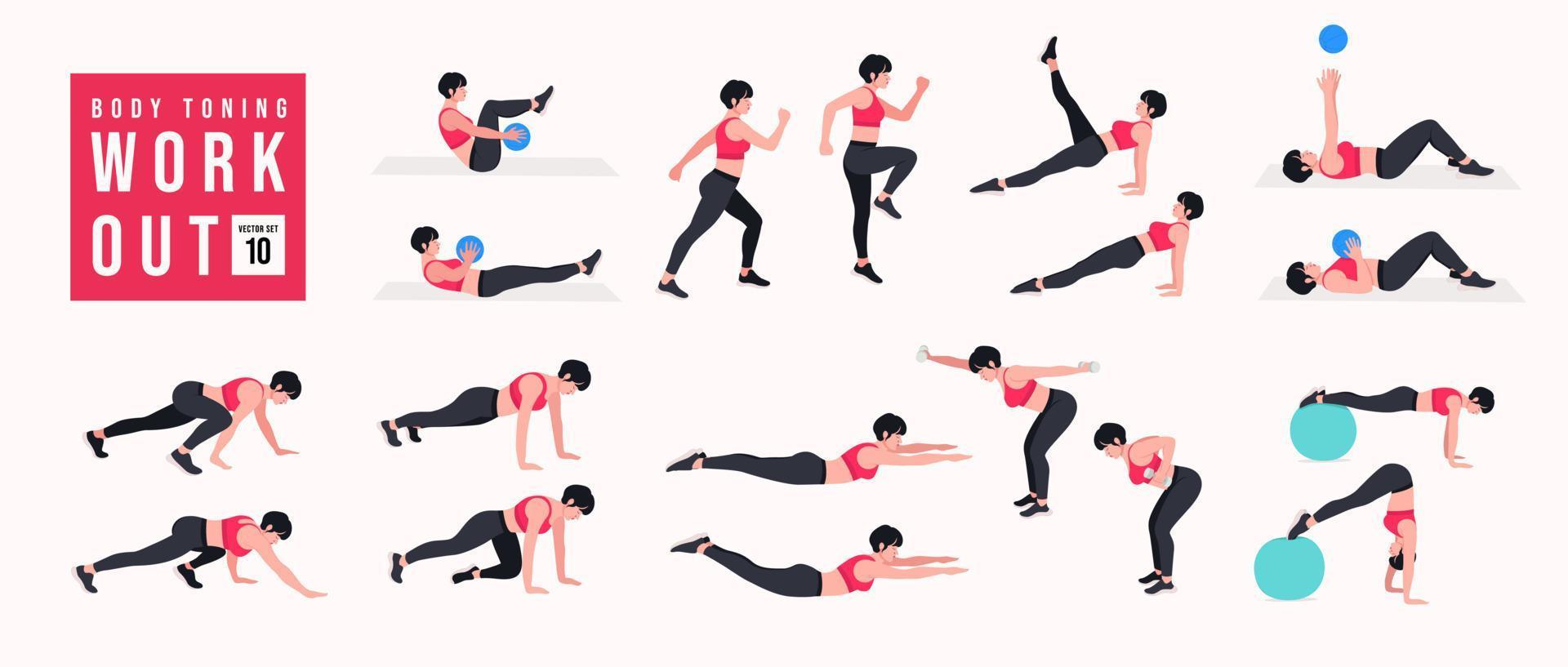 Body Toning Workout Set. Women doing fitness and yoga exercises. Lunges, Pushups, Squats, Dumbbell rows, Burpees, Side planks, Situps, Glute bridge, Leg Raise, Russian Twist, Side Crunch .etc vector