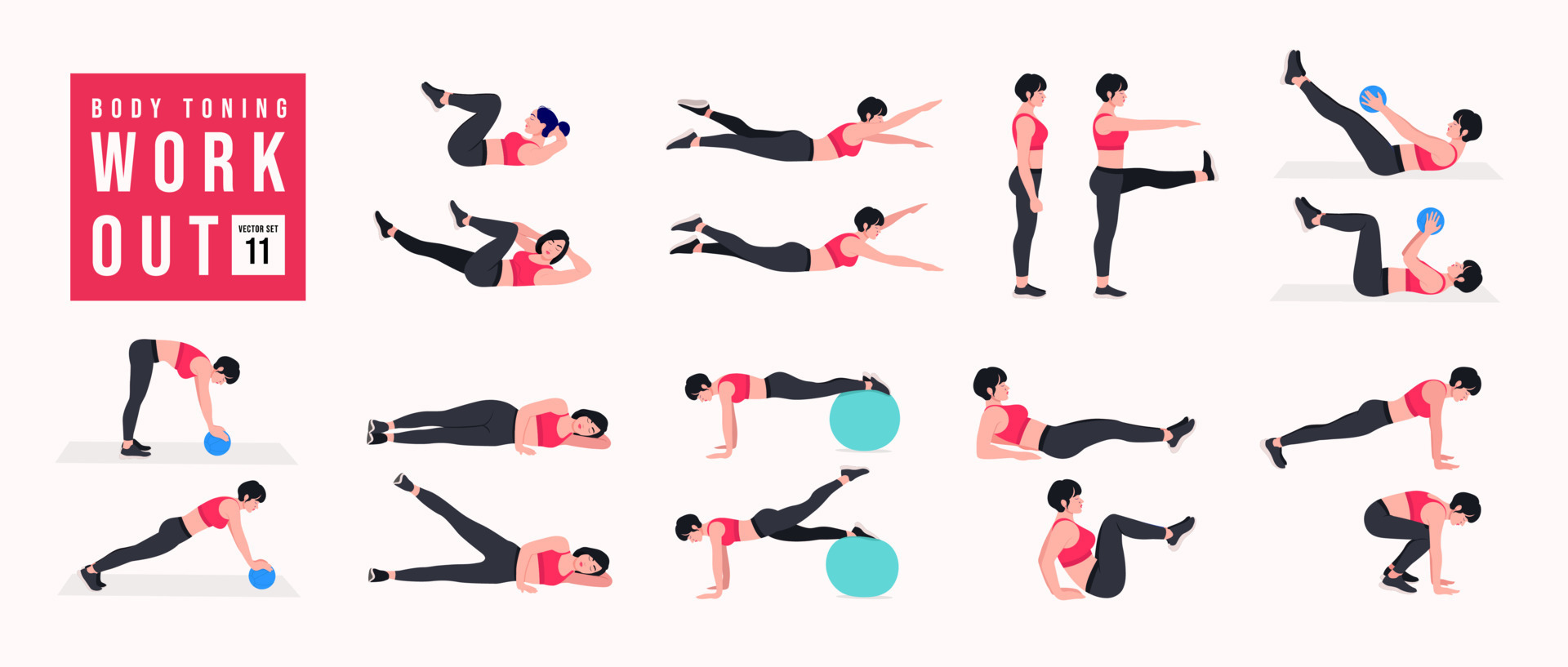 Body Toning Workout Set. Women doing fitness and yoga exercises