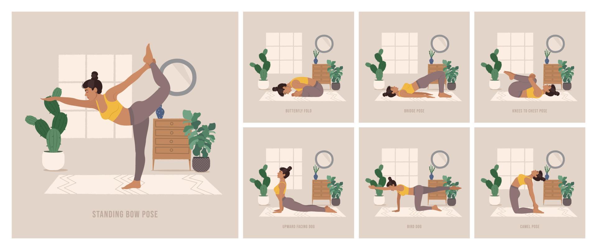 Yoga Poses Set. Young woman practicing Yoga pose. Woman workout fitness, aerobic and exercises. Boho style Vector Illustration.