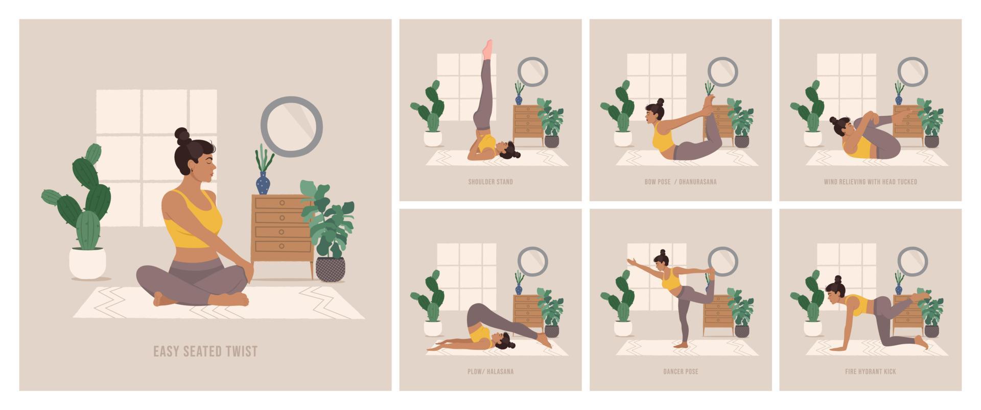 conjunto de posturas de yoga. mujer joven practicando pose de yoga. mujer entrenamiento fitness, aeróbicos y ejercicios. ilustración vectorial de estilo boho. vector