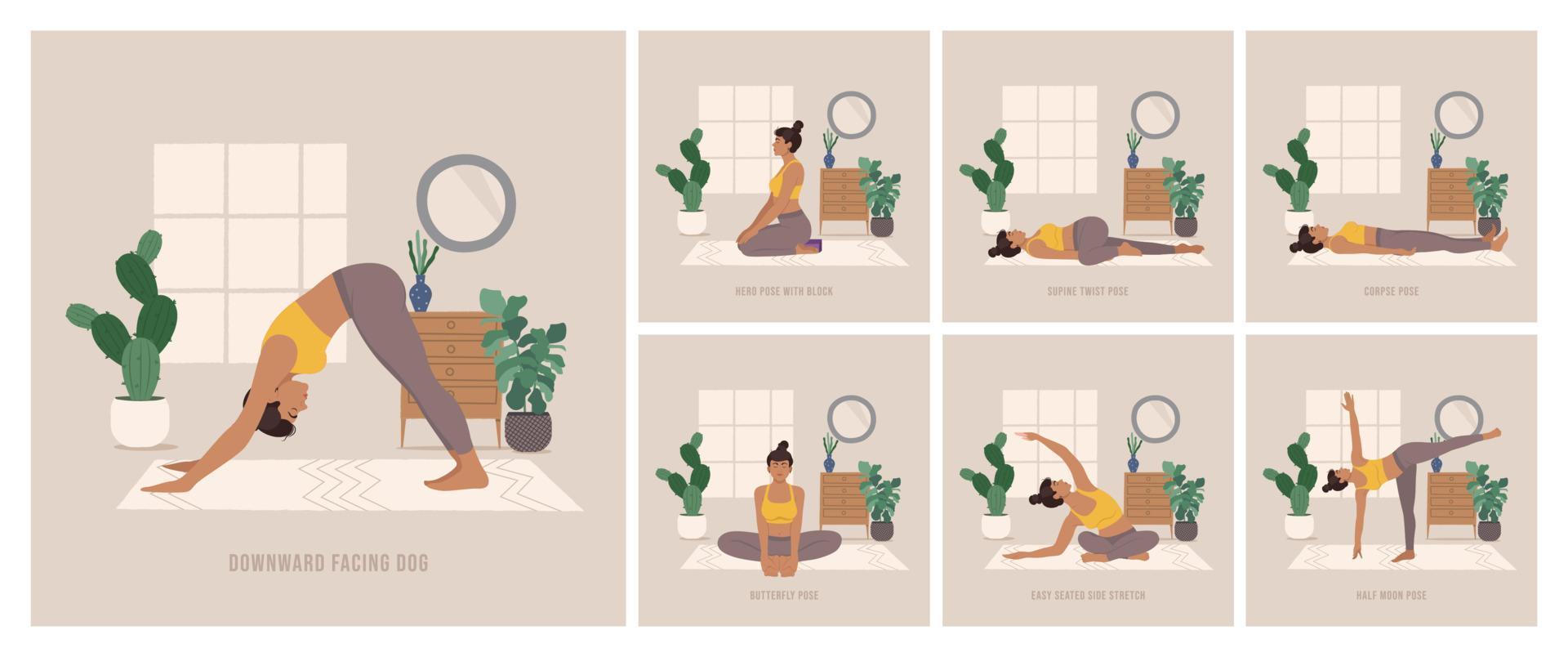 conjunto de posturas de yoga. mujer joven practicando pose de yoga. mujer entrenamiento fitness, aeróbicos y ejercicios. ilustración vectorial de estilo boho. vector