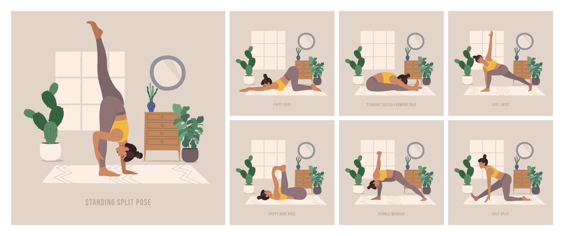 Yoga Poses Set. Young woman practicing Yoga pose. Woman workout fitness, aerobic and exercises. Boho style Vector Illustration.