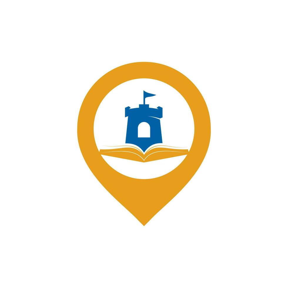 Castle book with pin pointer vector logo design. Unique bookstore, library and fortress logotype design template.