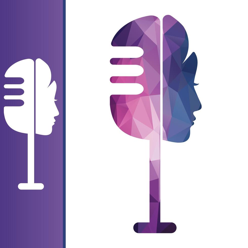 Microphone with women head concept. Female podcast logo design. vector