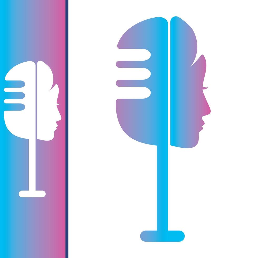 Microphone with women head concept. Female podcast logo design. vector