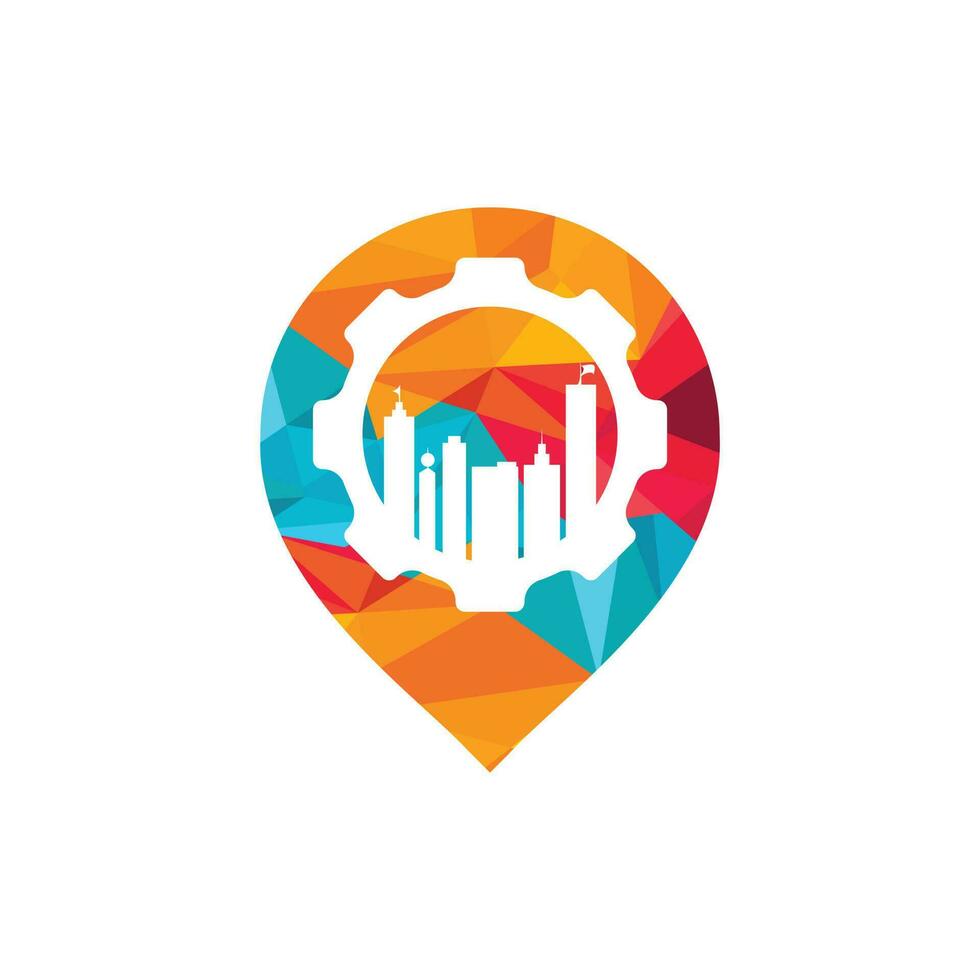 Gear building with pin pointer vector logo design. Building maintenance logo design template.