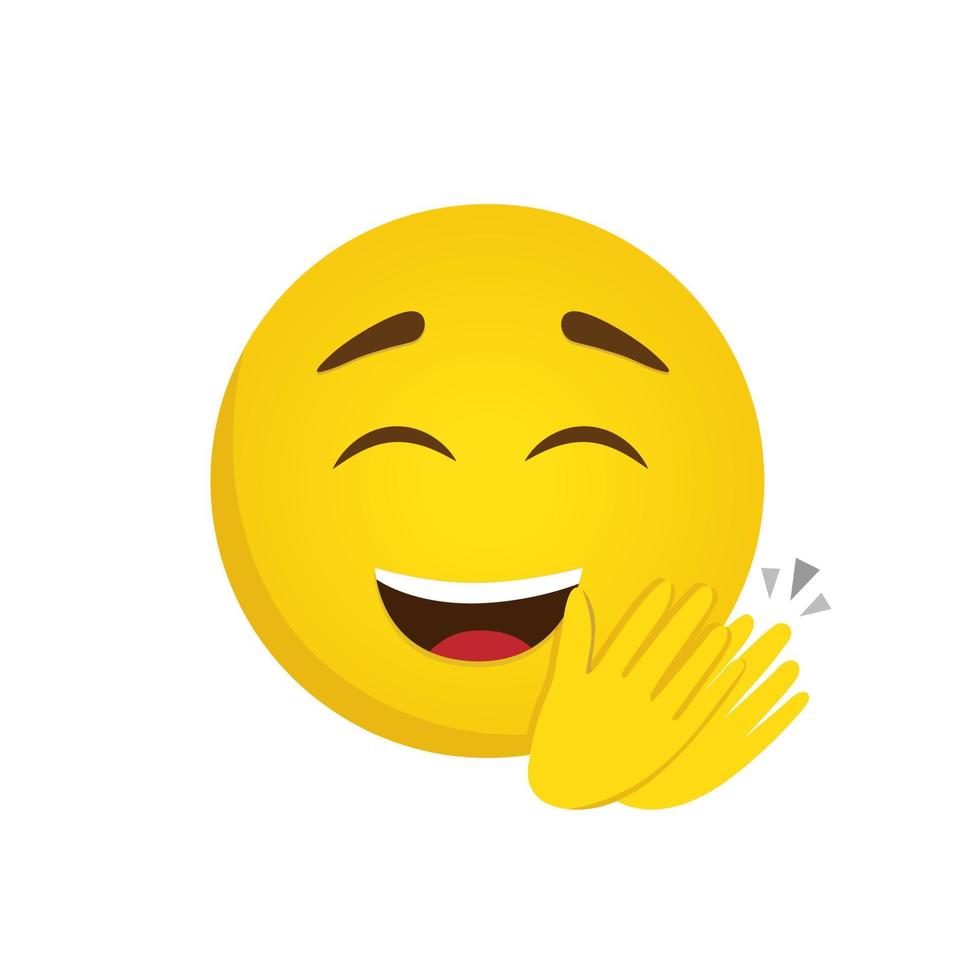 The happy emoticon claps his hands. Yellow face isolated on a white background with closed eyes, raised eyebrows, and with a big smile vector