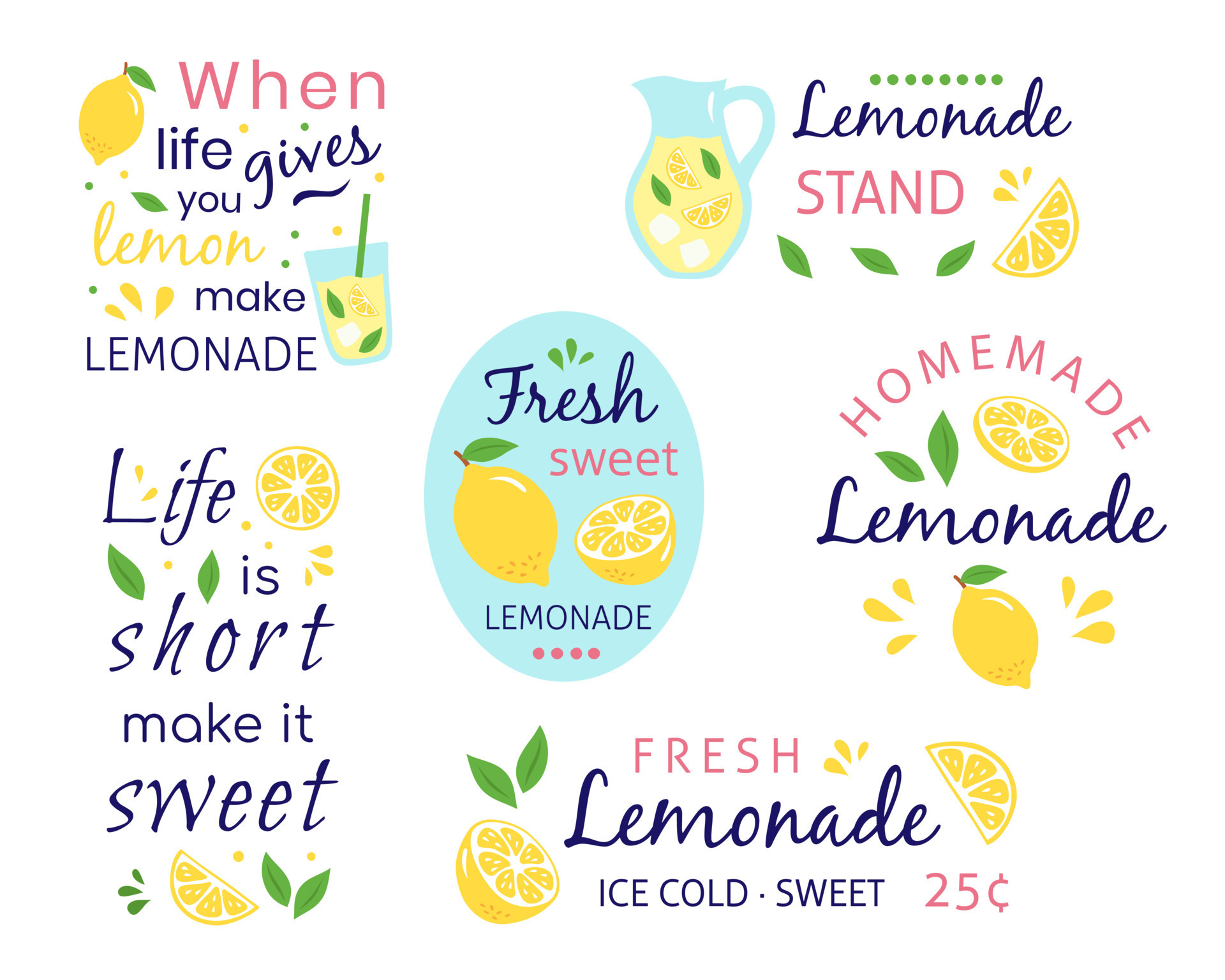 A set of illustrations with quotes about lemonade and lemon. 11402238