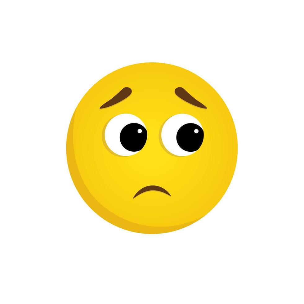 Sad emoji looking to the side. Vector yellow face isolated on a white background with big eyes, raised eyebrows, and sad sad mouth