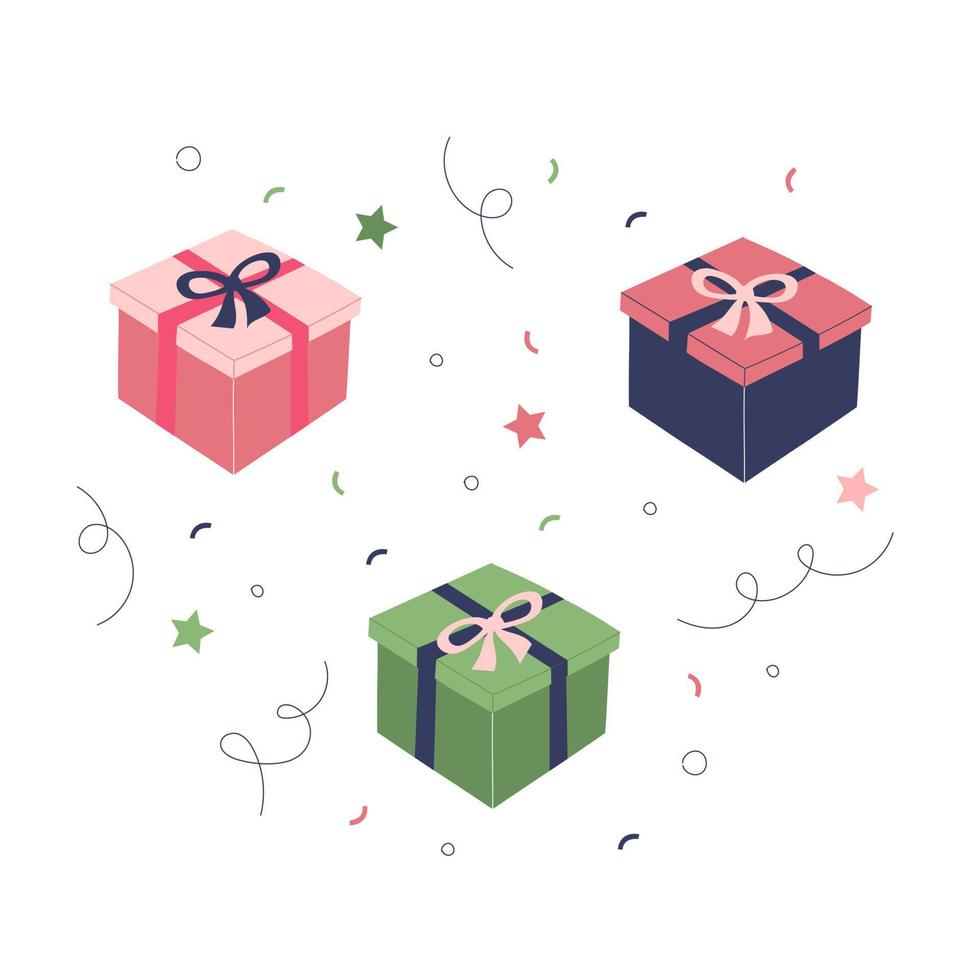 Set of gift boxes with fun decorations in a hand-drawn style. vector